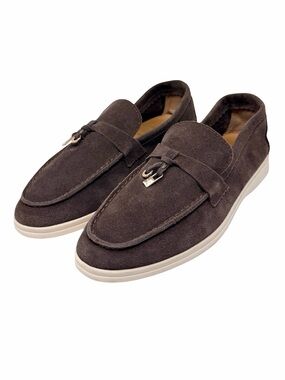 Loro Piana Dark Brown Suede Loafers with Silver-Tone Hardware